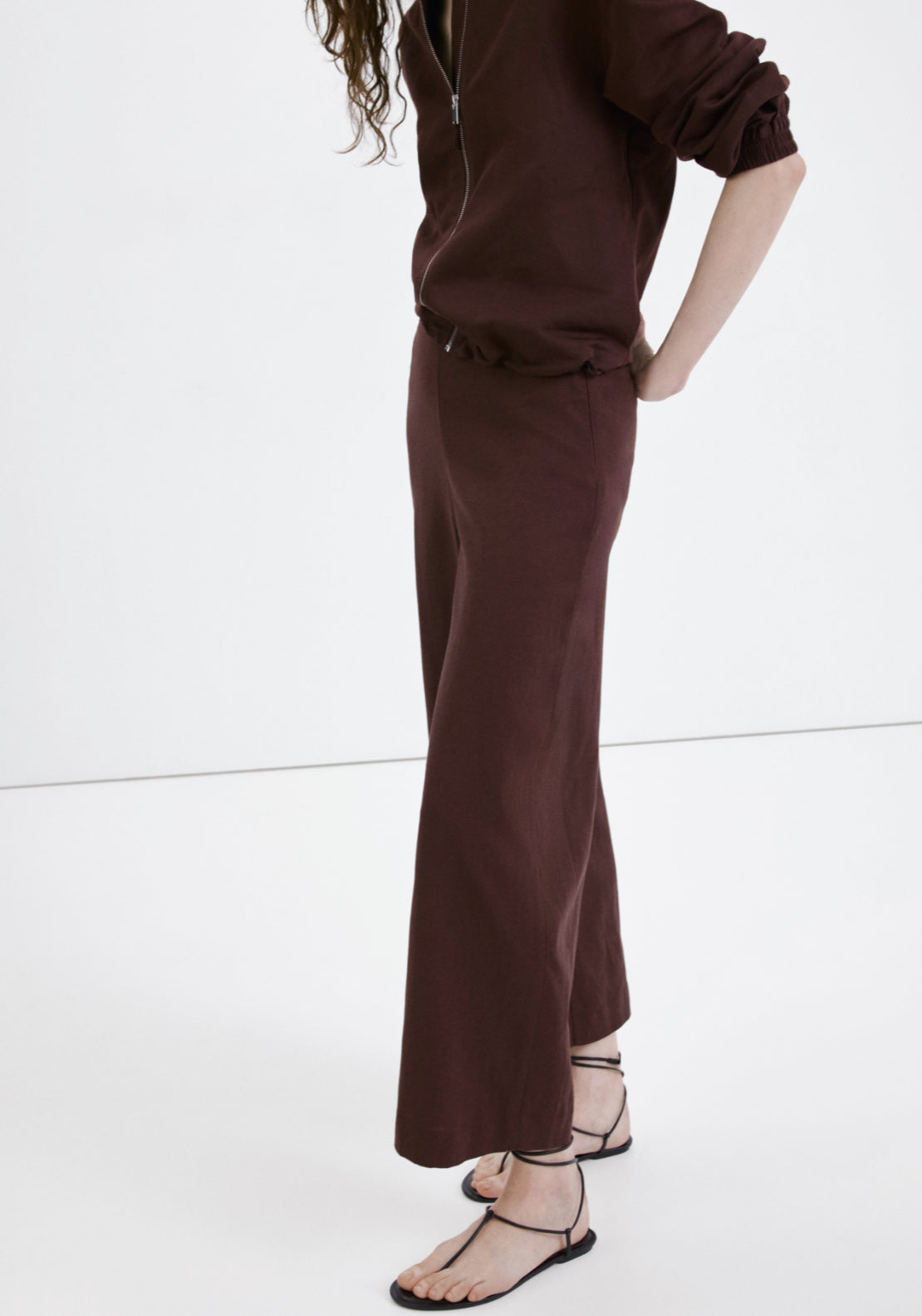 Straight Linen Blend Trousers - Brown