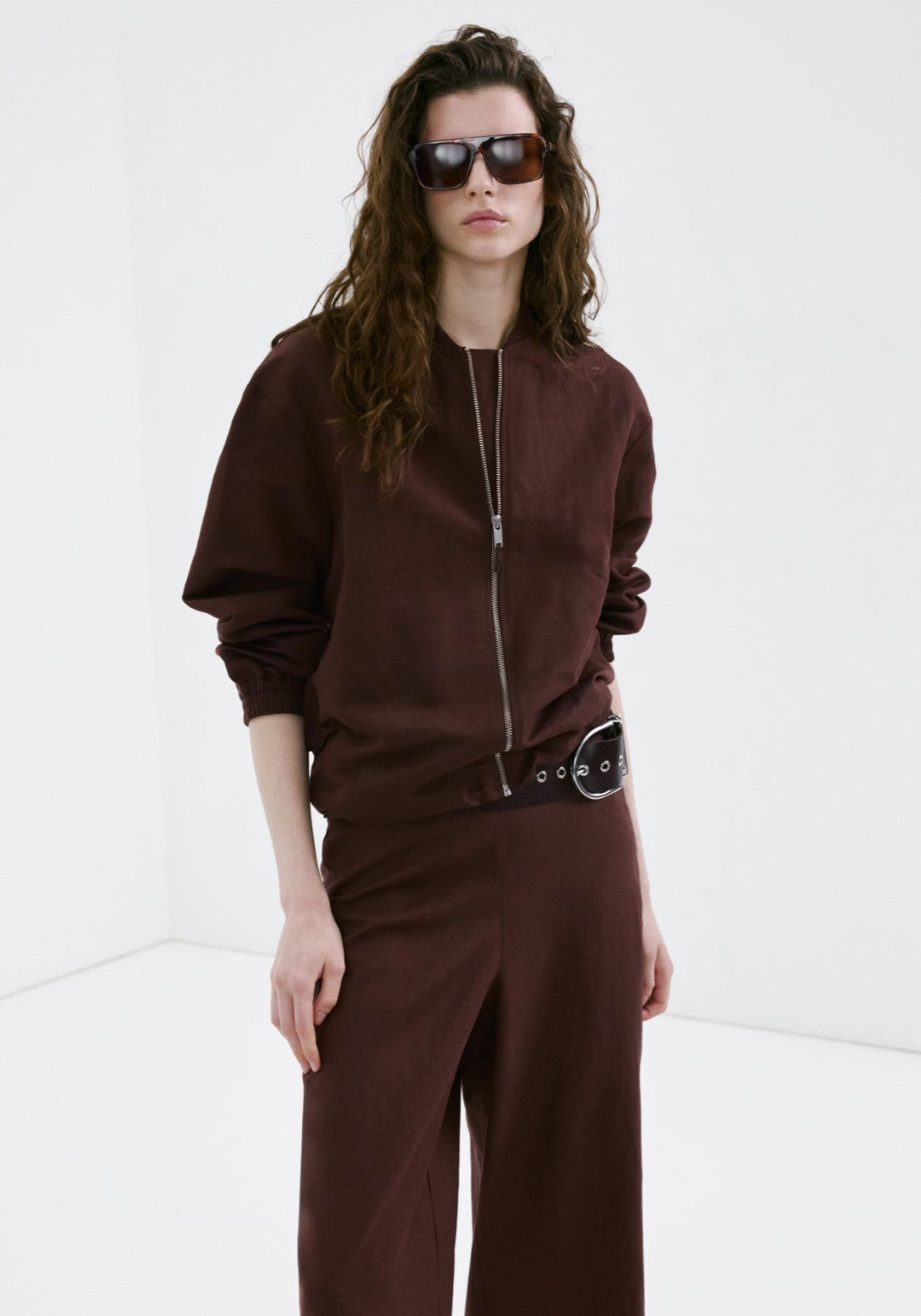 Straight Linen Blend Trousers - Brown