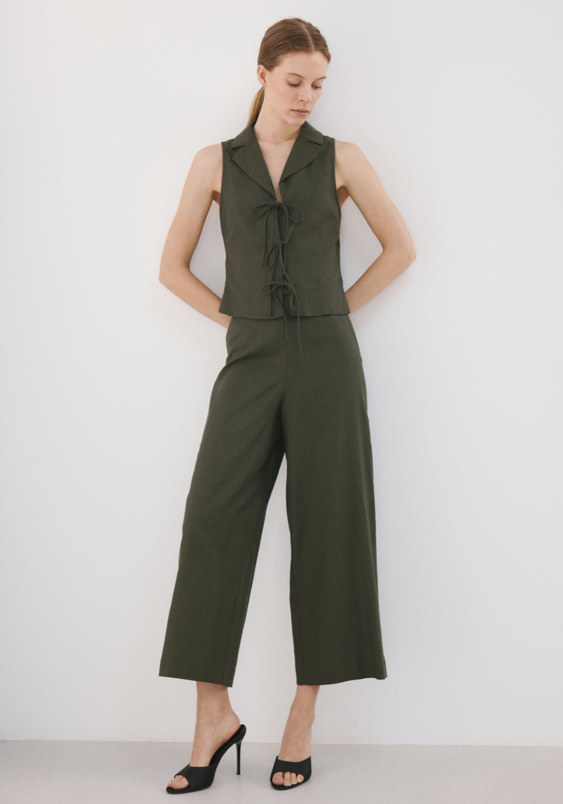 Straight Linen Blend Trousers - Green