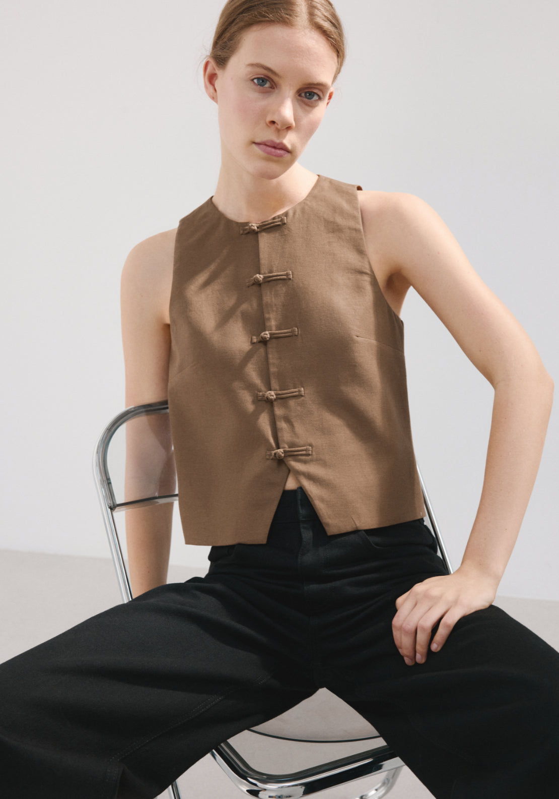 Linen Toggle Waistcoat - Brown