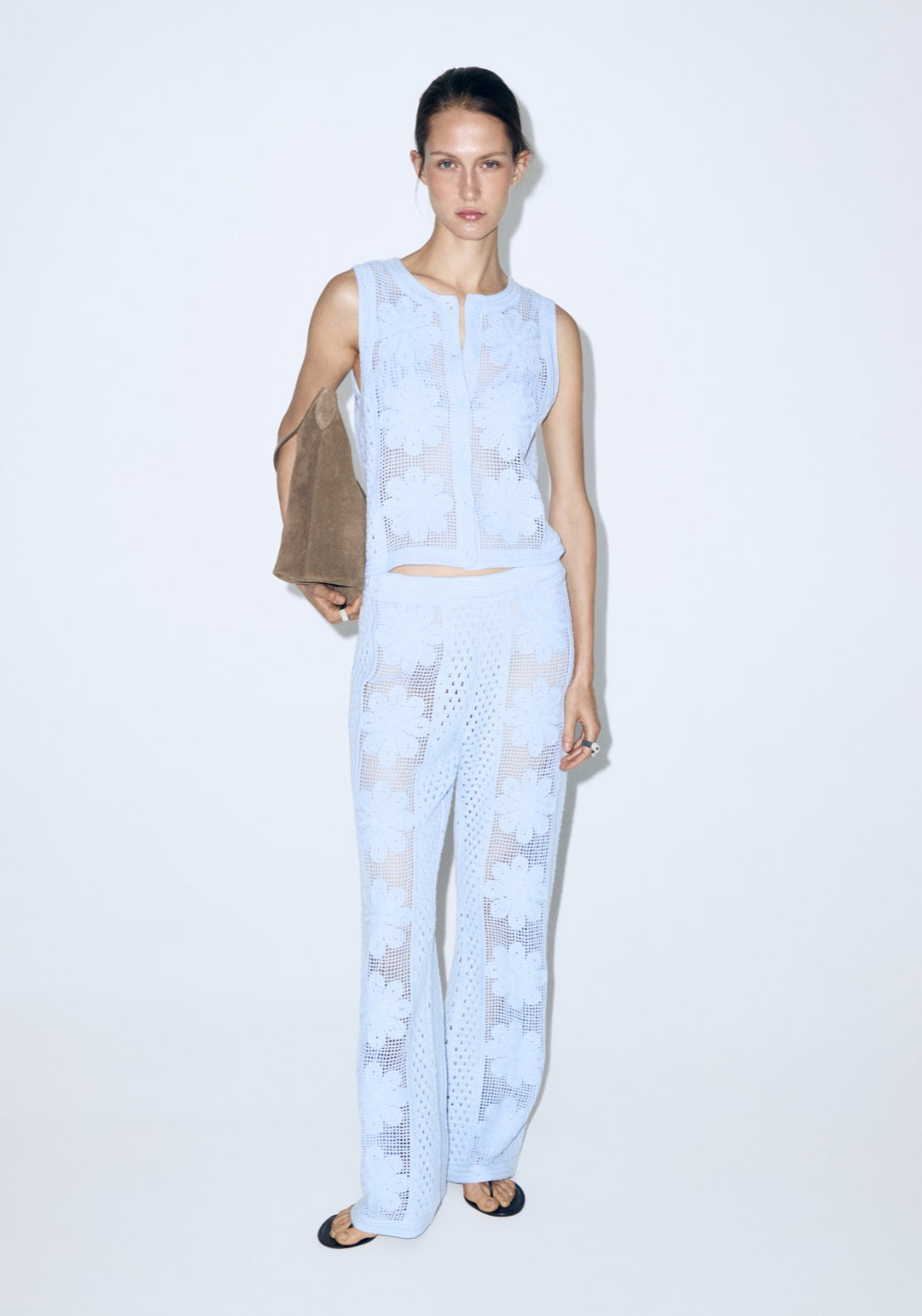 Embroidered Openwork Knit Gilet - Blue