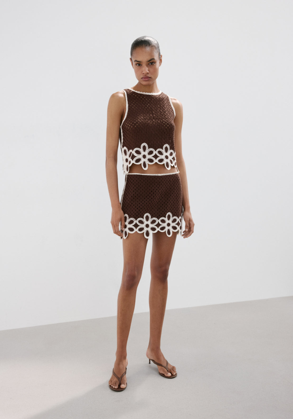 Crochet Skirt With Floral Embroidery - Brown