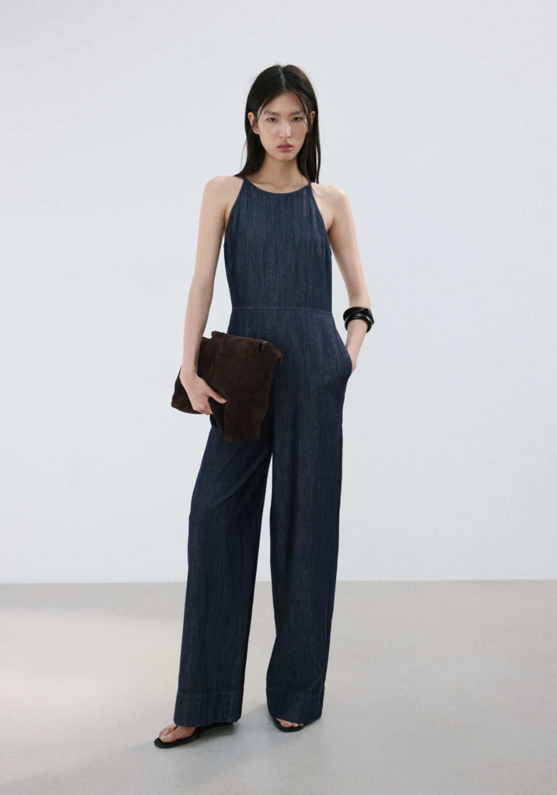 Denim Halter Neck Jumpsuit - Denim Blue