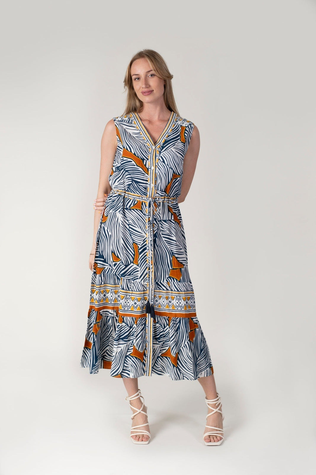 Tea Lane Bold Abstract Dress - Navy &amp; Orange 2 Shaws Department Stores