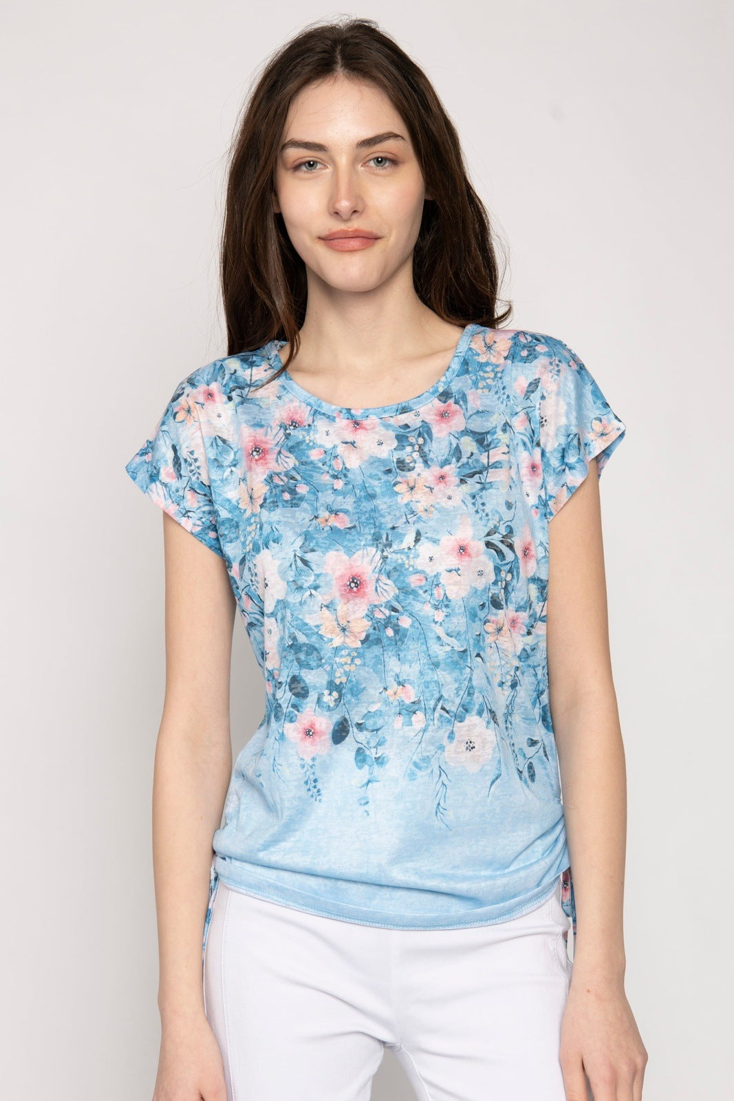 Tea Lane Foil Print T-Shirt With Ties At Base - Blue 1 Shaws Department Stores