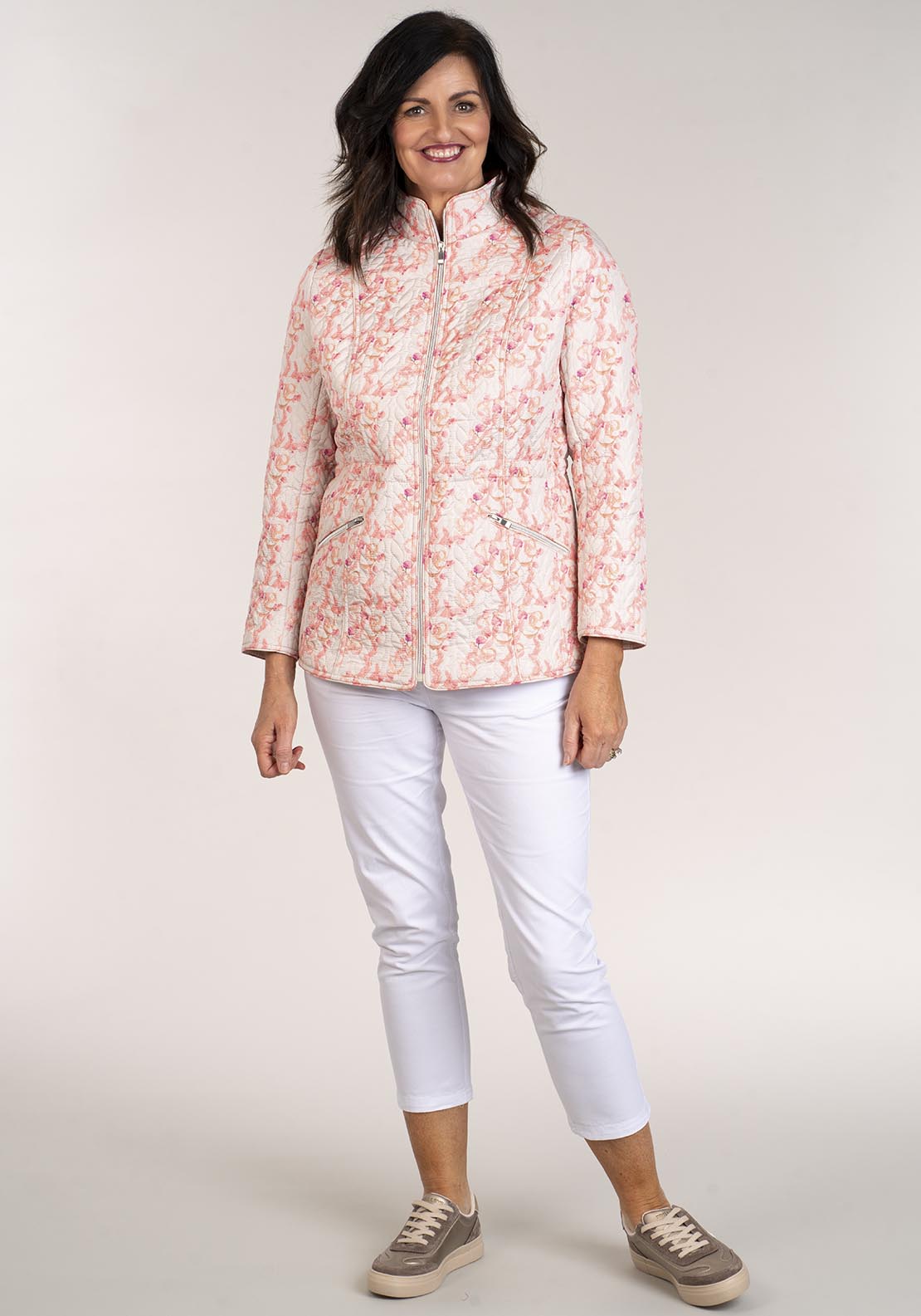 Tea Lane Printed Jacket W Waist Channel - Coral 5 Shaws Department Stores