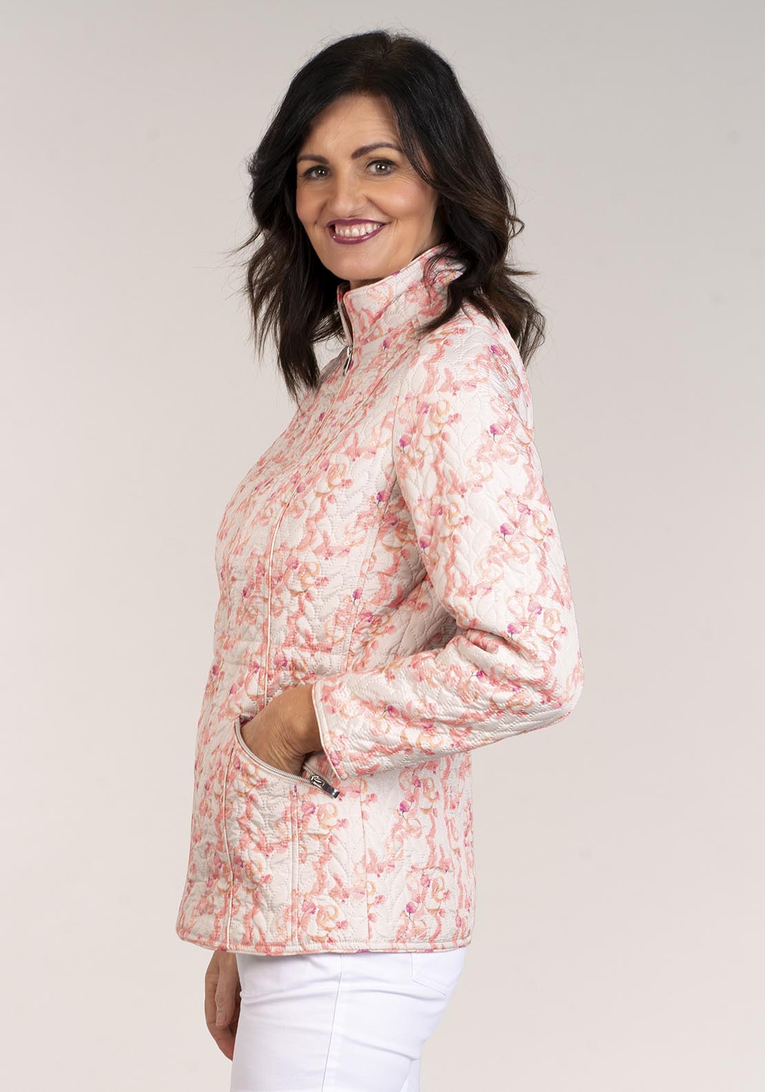 Tea Lane Printed Jacket W Waist Channel - Coral 4 Shaws Department Stores
