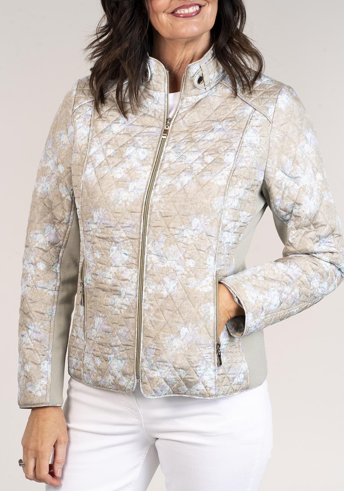 Tea Lane Short Printed Quilted Jacket - Green 2 Shaws Department Stores