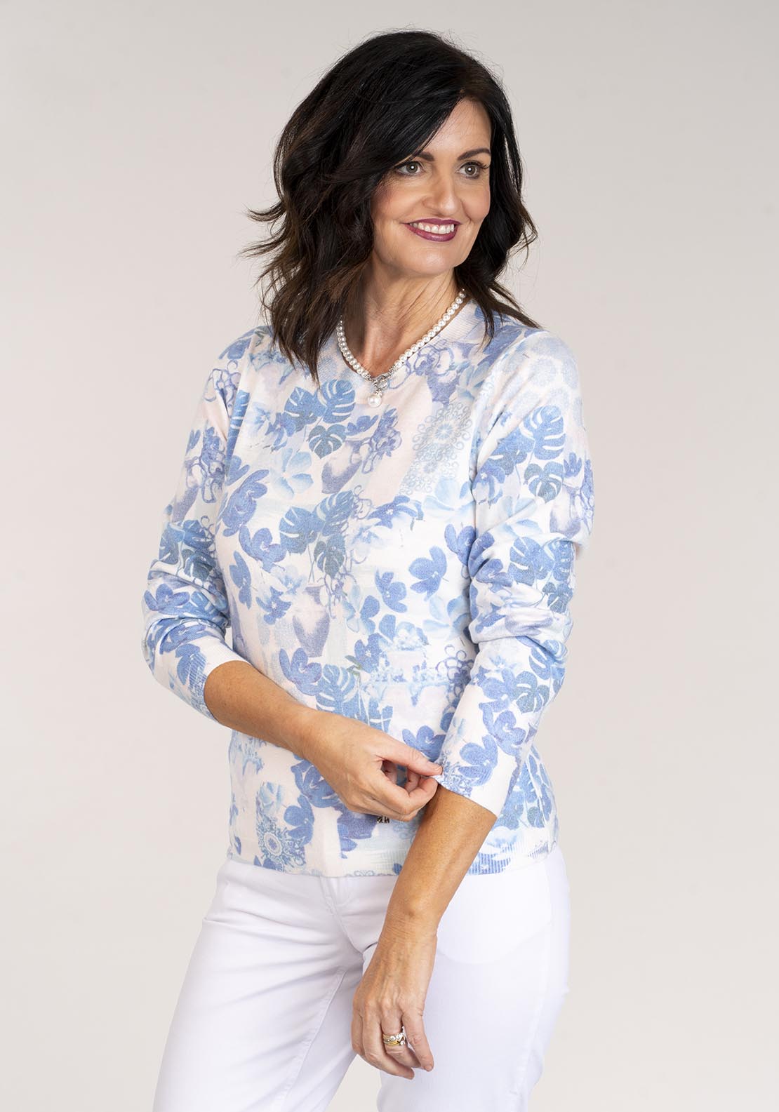 Tea Lane Long Sleeve Floral Print Knit Top - Blue 4 Shaws Department Stores