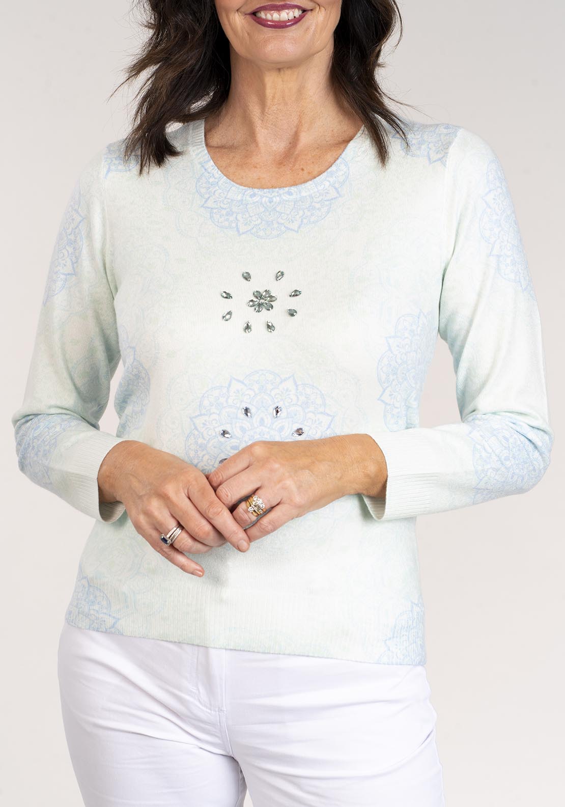 Tea Lane Long Sleeve Printed Sweater - Green 2 Shaws Department Stores