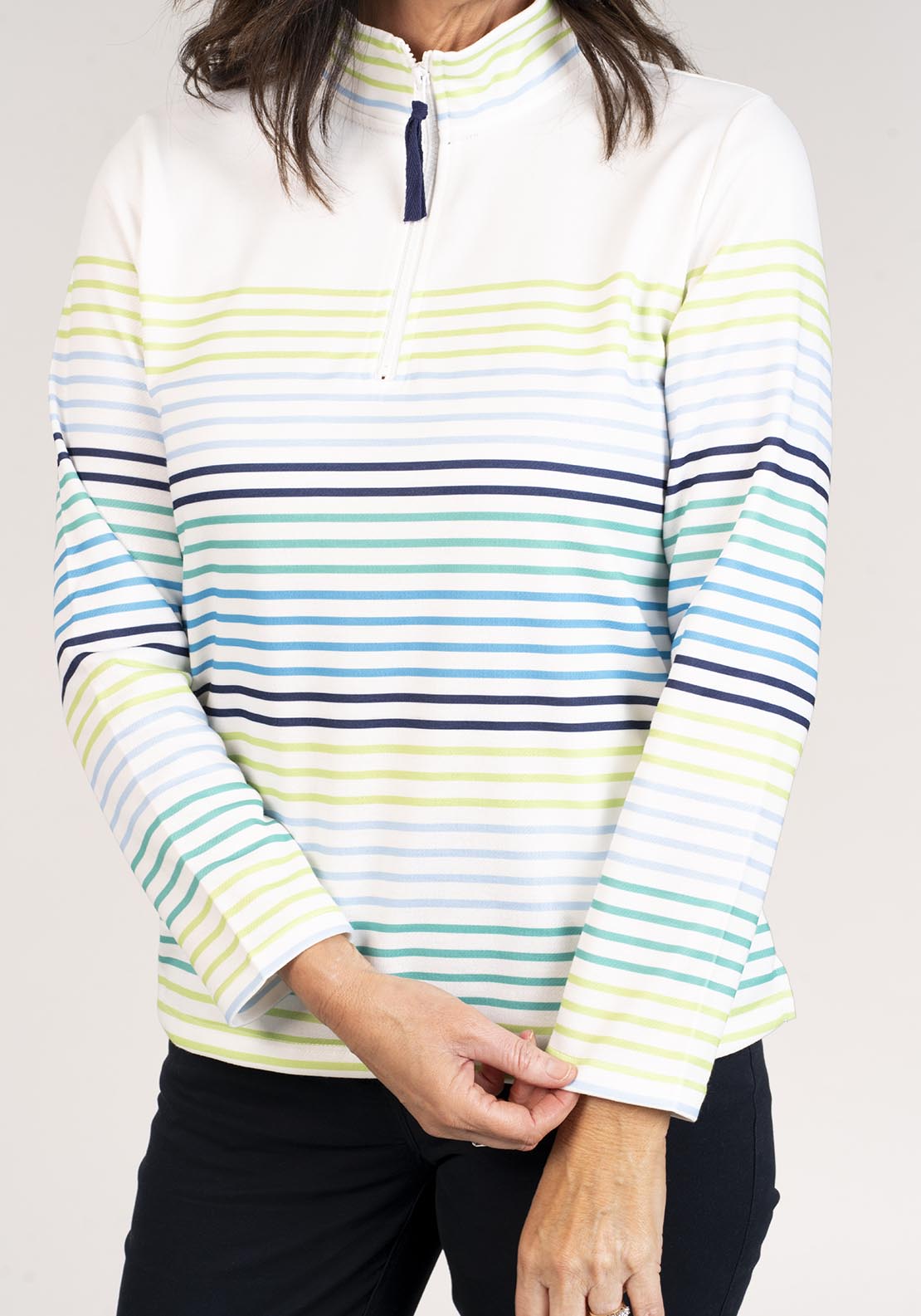 Tea Lane Striped Half Zip Top - Green 3 Shaws Department Stores