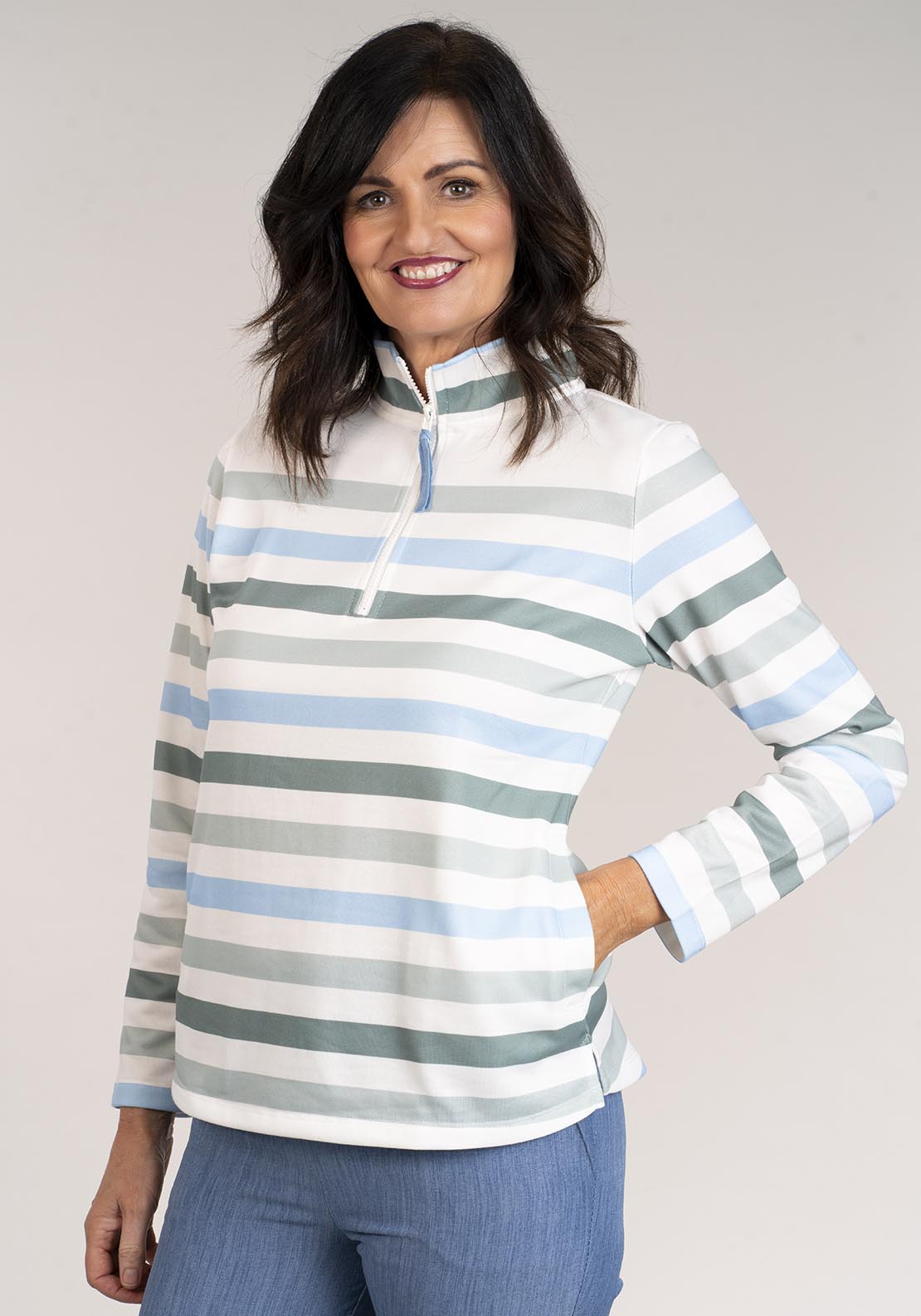 Tea Lane Striped Long Sleeve Half Zip Top - Blue 2 Shaws Department Stores
