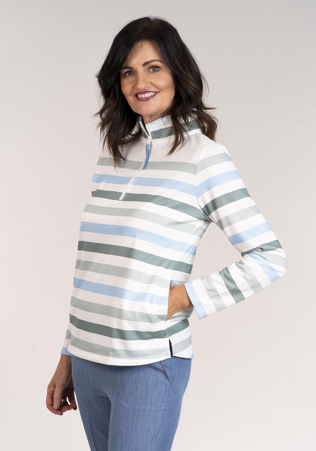 Tea Lane Striped Long Sleeve Half Zip Top - Blue 3 Shaws Department Stores