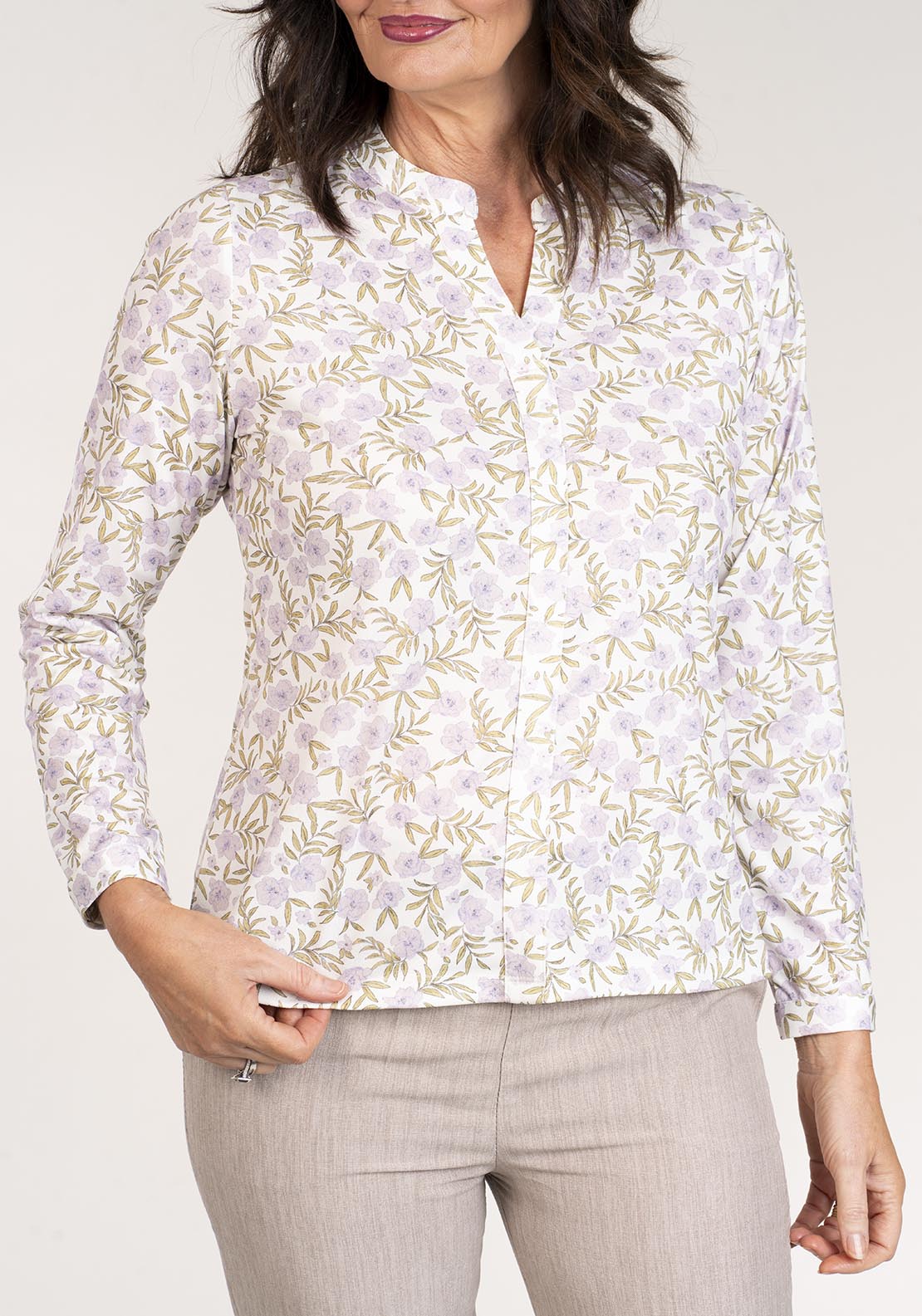 Tea Lane Long Sleeve V Neck Printed Top - Lilac 3 Shaws Department Stores