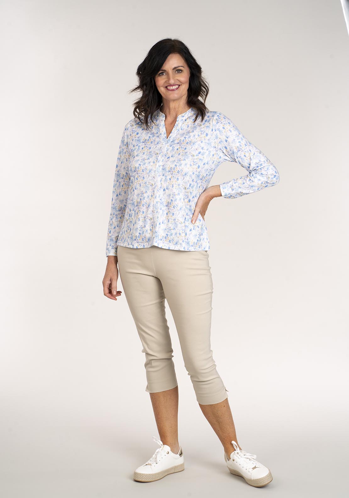 Tea Lane Long Sleeve V Neck Printed Top - Blue 2 Shaws Department Stores