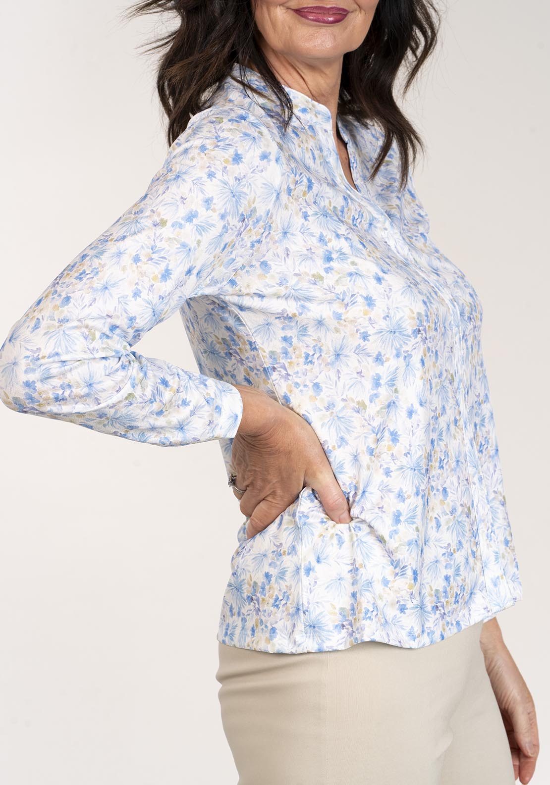 Tea Lane Long Sleeve V Neck Printed Top - Blue 3 Shaws Department Stores