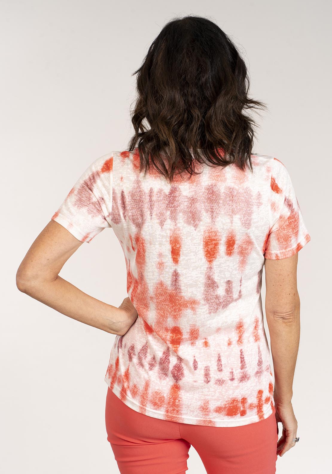 Tea Lane Notch Neck Tyedye Print Short Sleeve Top - Peach 3 Shaws Department Stores