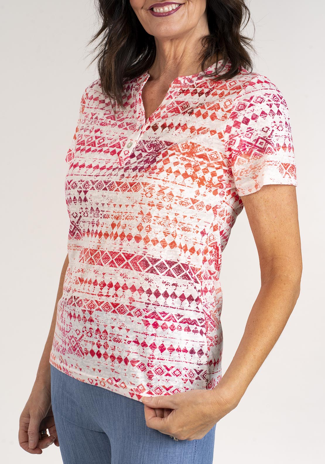 Tea Lane Geo Print Notch Neck Top - Fuchsia 2 Shaws Department Stores
