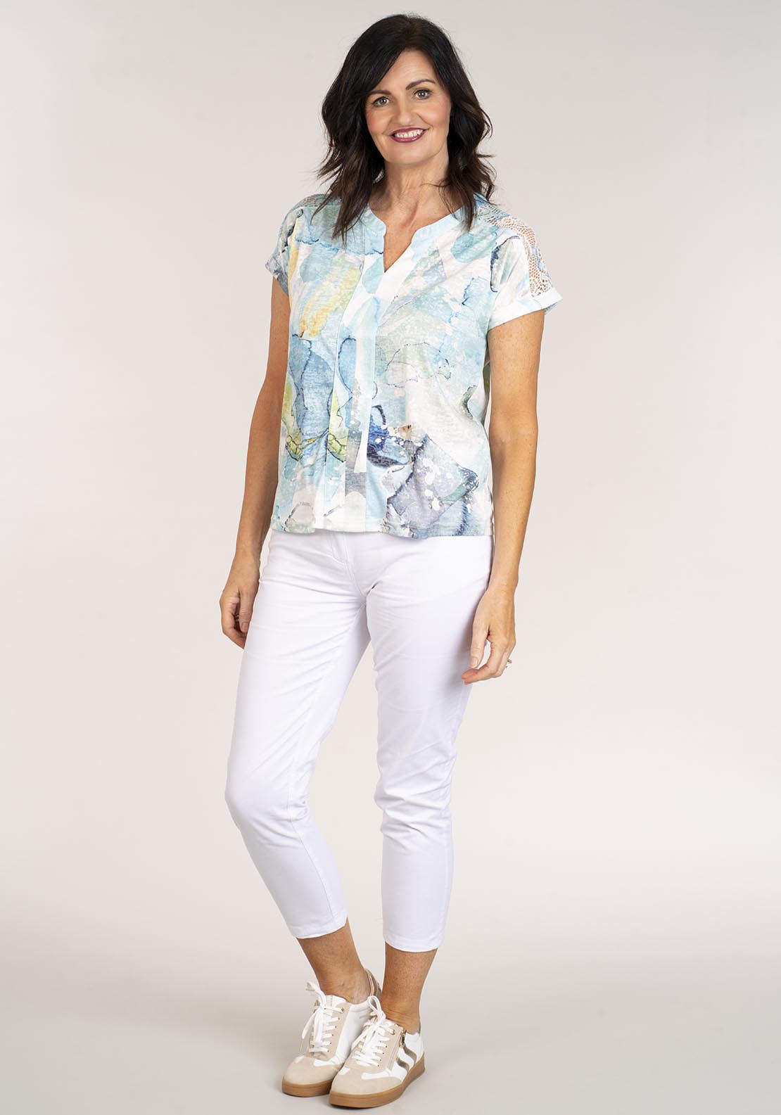 Tea Lane Short Sleeve Notch Neck Printed Top - Blue 1 Shaws Department Stores