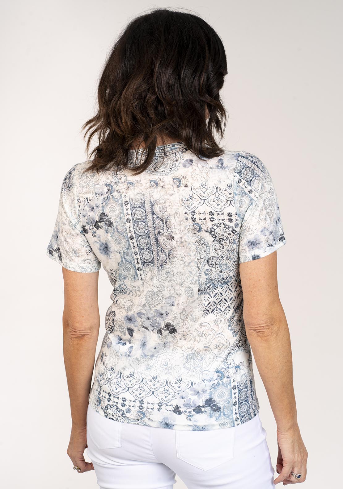 Tea Lane Short Sleeve Printed Top Diamantes - Blue 5 Shaws Department Stores