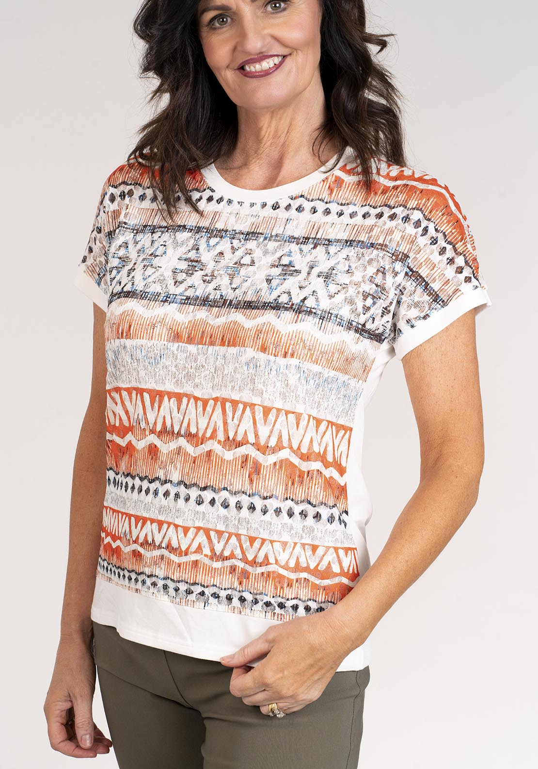 Tea Lane Short Sleeve Top Geo Stripe Print - Orange 3 Shaws Department Stores