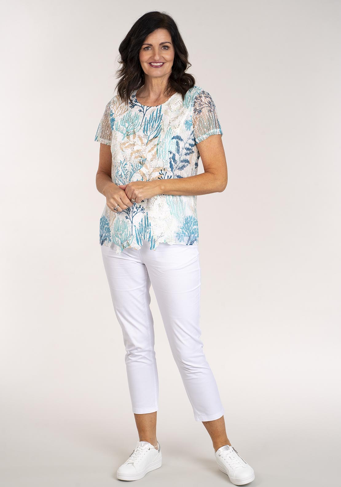 Tea Lane Short Sleeve Printed Top Lace - Green 5 Shaws Department Stores