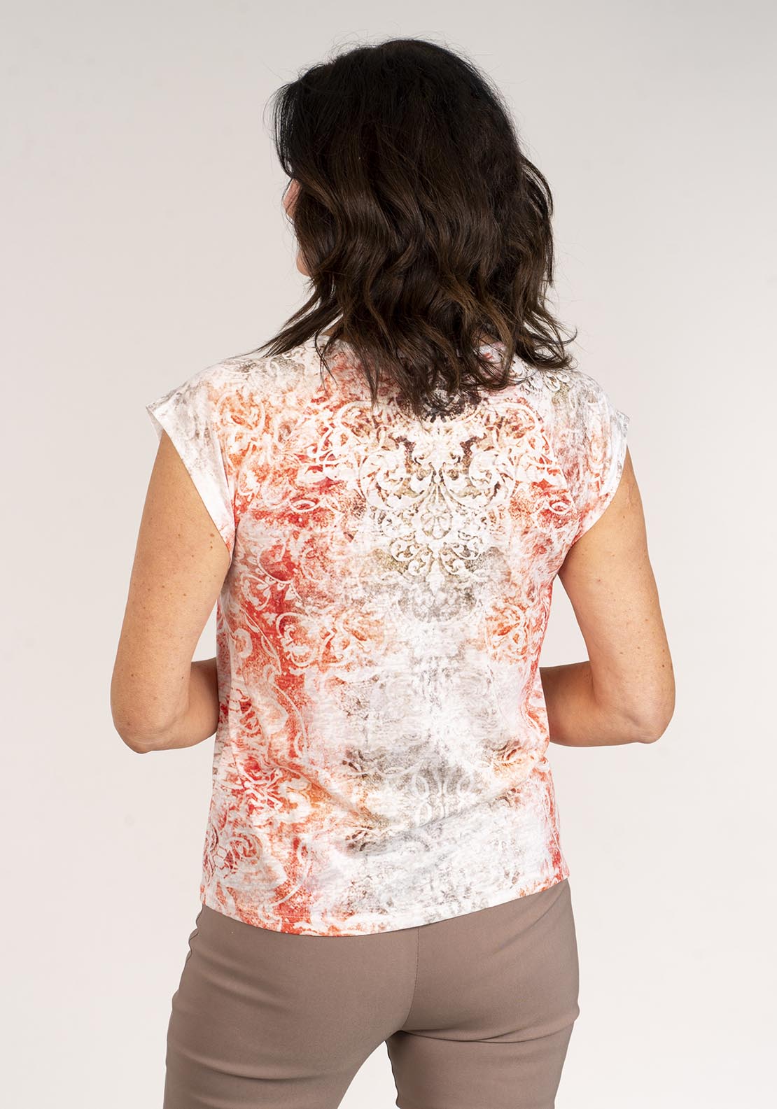 Tea Lane Short Sleeve v-neck Abstract Top - Orange 3 Shaws Department Stores