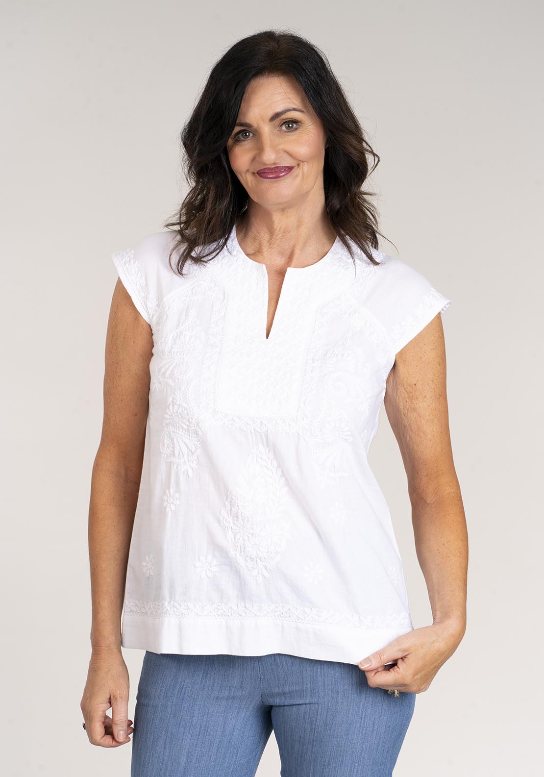Tea Lane Short Sleeve Embroidered Top - White 6 Shaws Department Stores