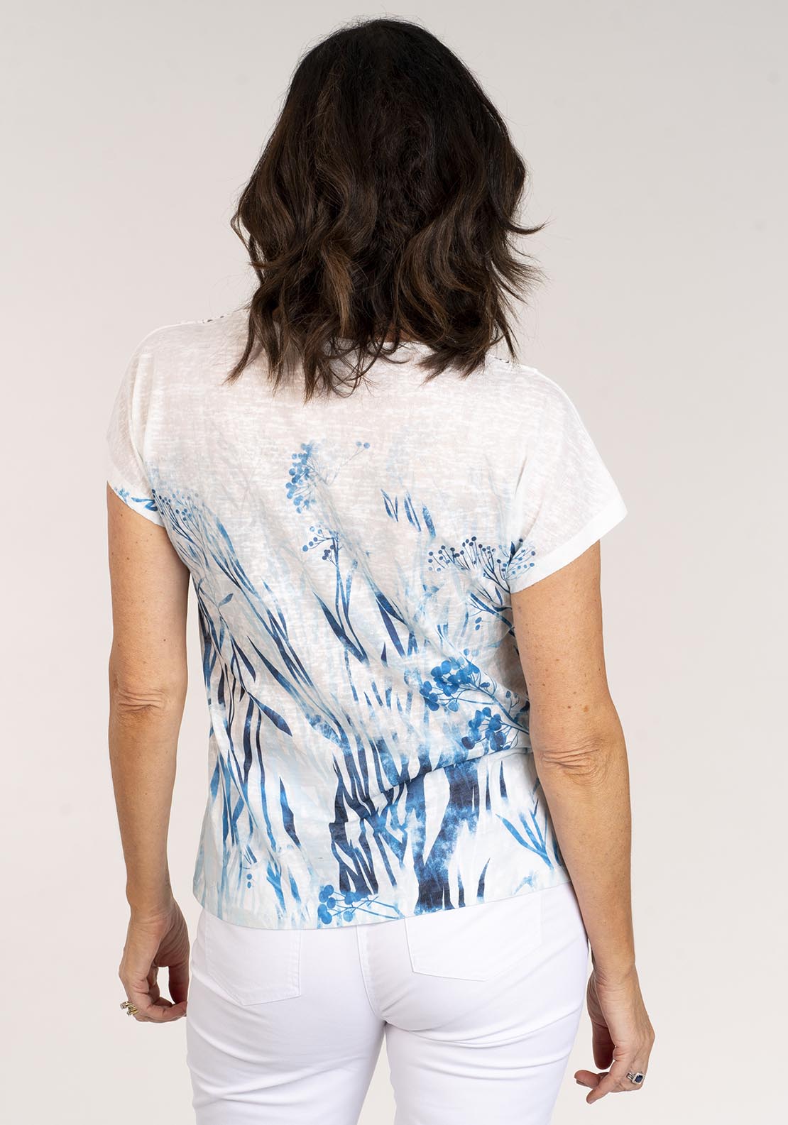Tea Lane Short Sleeve v-neck Top Lace Trim - Blue 4 Shaws Department Stores