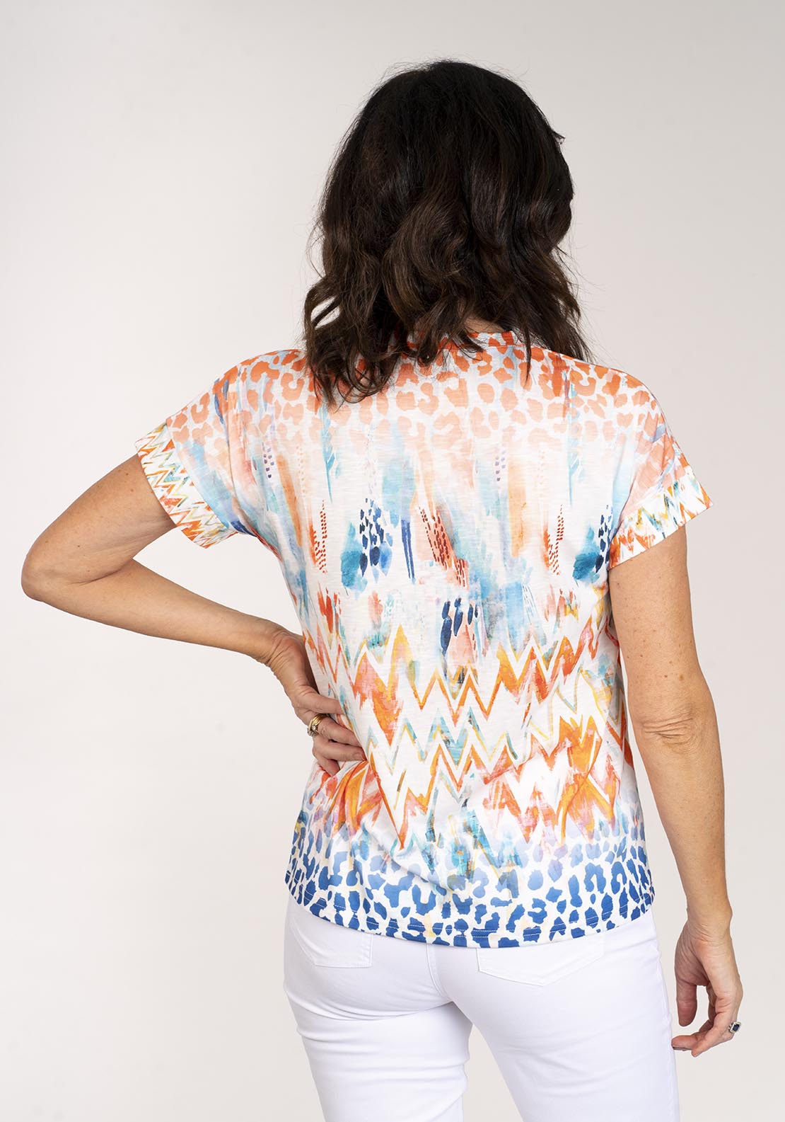 Tea Lane Short Sleeve Watercolour Print Top - Orange 3 Shaws Department Stores