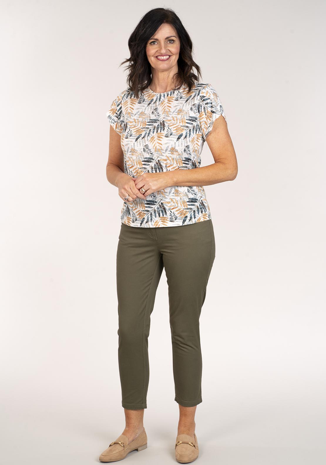 Tea Lane Short Sleeve Round Neck Leaf Print Top - Green 5 Shaws Department Stores
