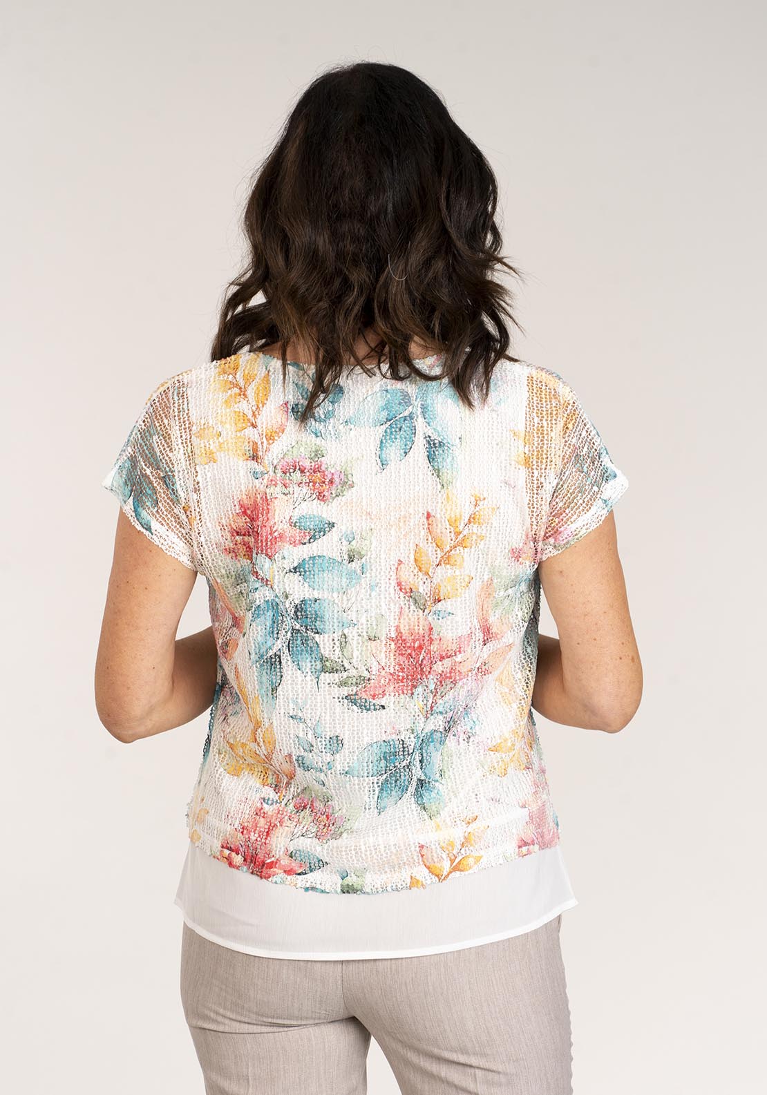 Tea Lane Short Sleeve Leaf Print Mesh Top - Blue 5 Shaws Department Stores