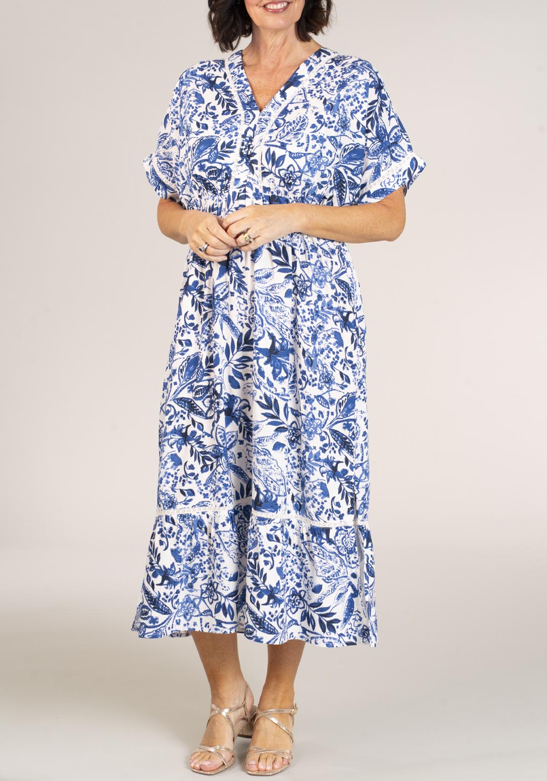 Naoise Full Length Deep V Font Dress - Navy 1 Shaws Department Stores