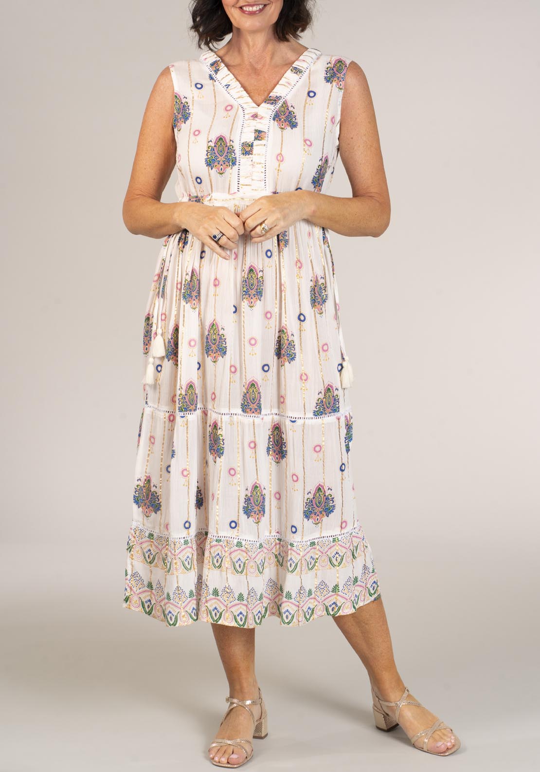 Naoise Sleeveless Dress With Drawstring Waist - Ivory 1 Shaws Department Stores