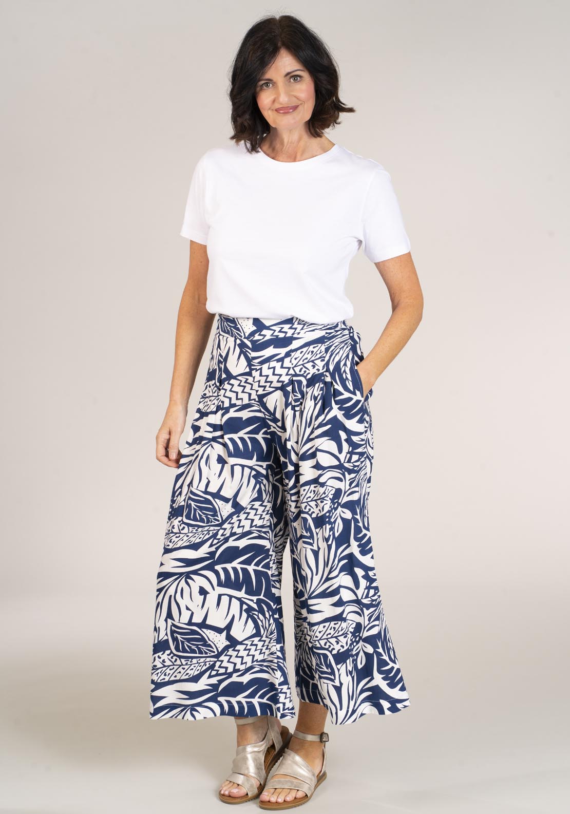 Naoise Full Length Printed Trouser - Navy 1 Shaws Department Stores
