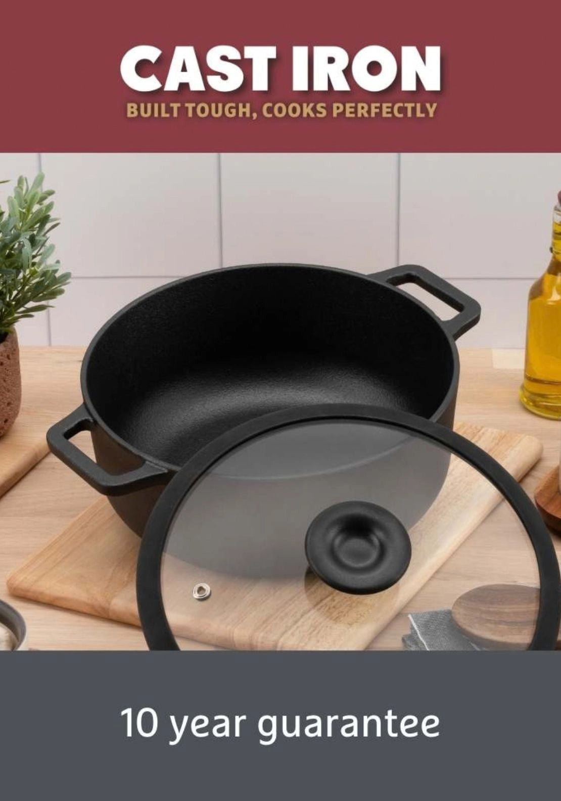 Cast Iron Casserole With Glass Lid 24cm/4.6L - Black