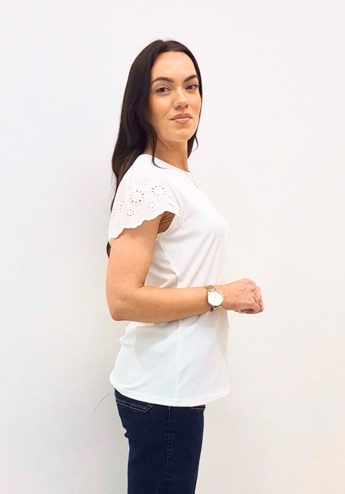 Naoise Short Sleeve Broderie Anglaise Top - White 2 Shaws Department Stores