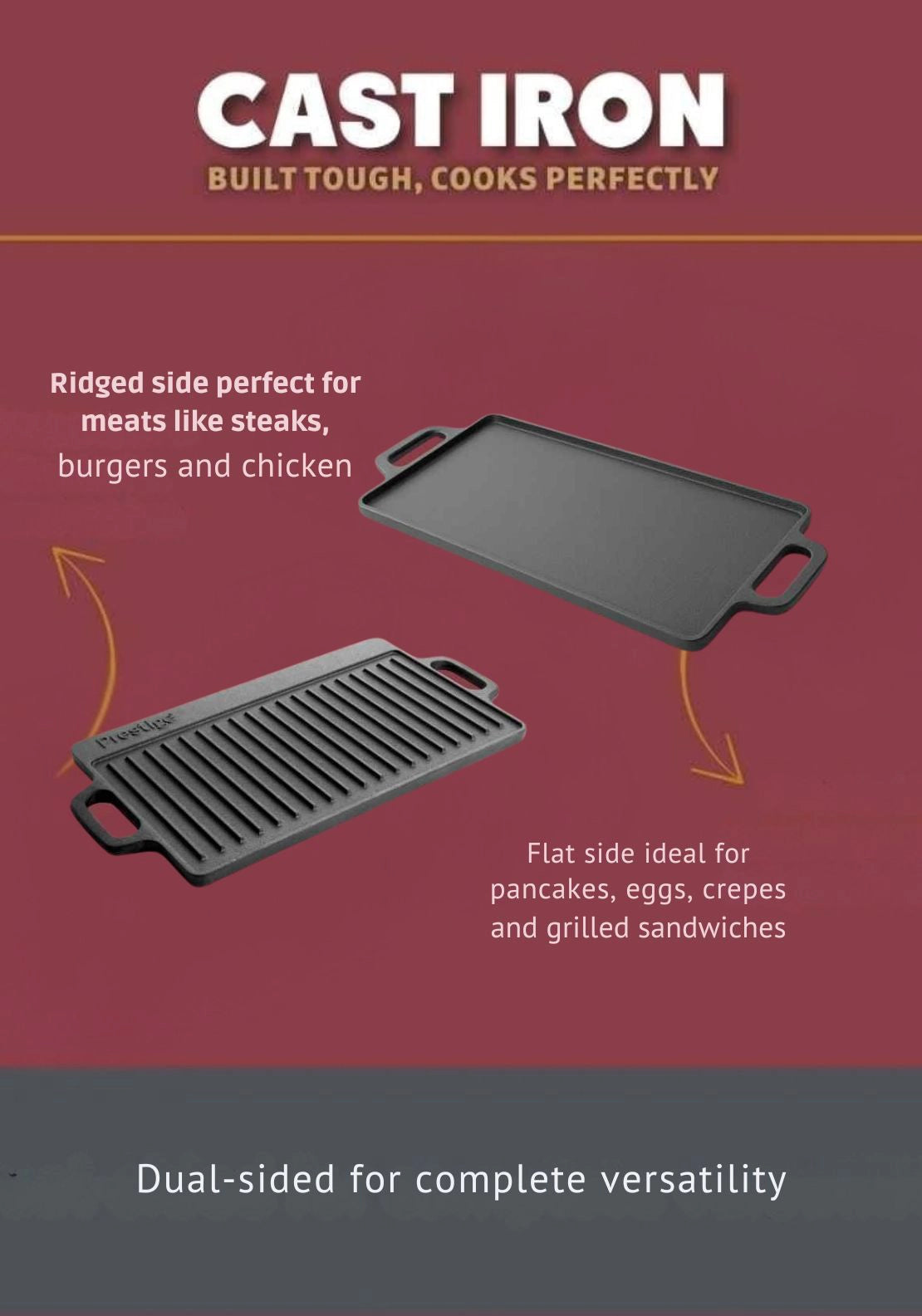 Cast Iron Double Griddle 45cm x 22.5cm - Black