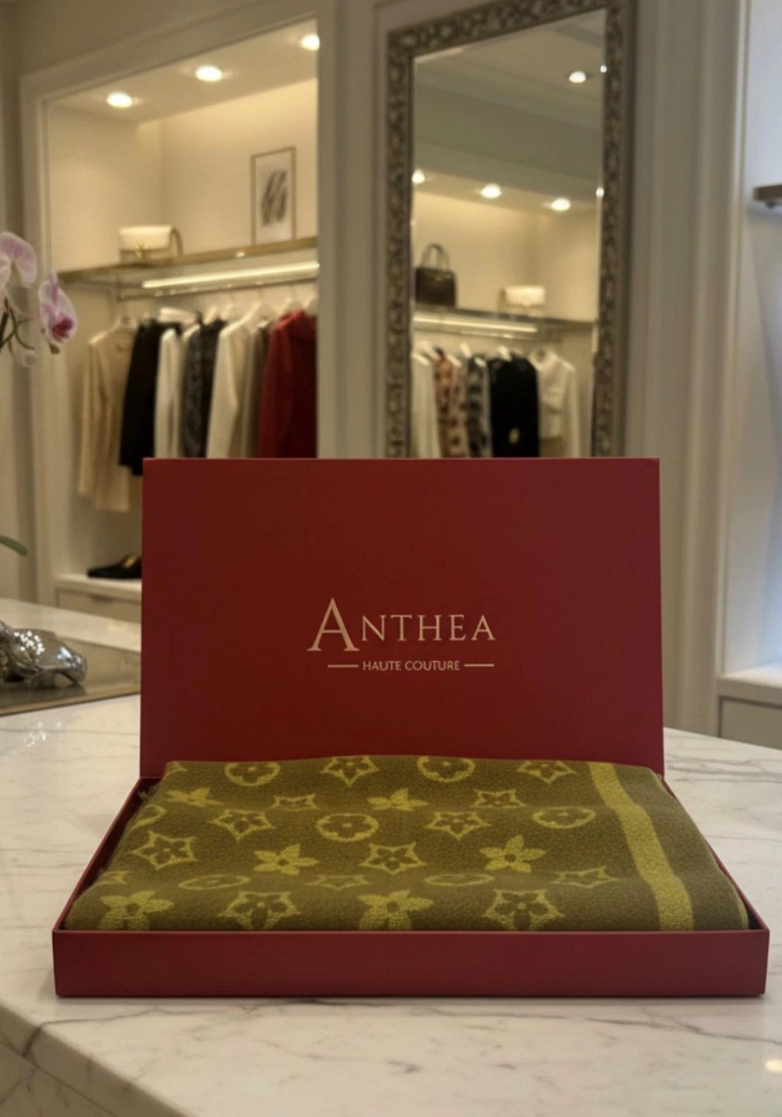 Anthea Monogram Print Boxed Scarf - Green 2 Shaws Department Stores