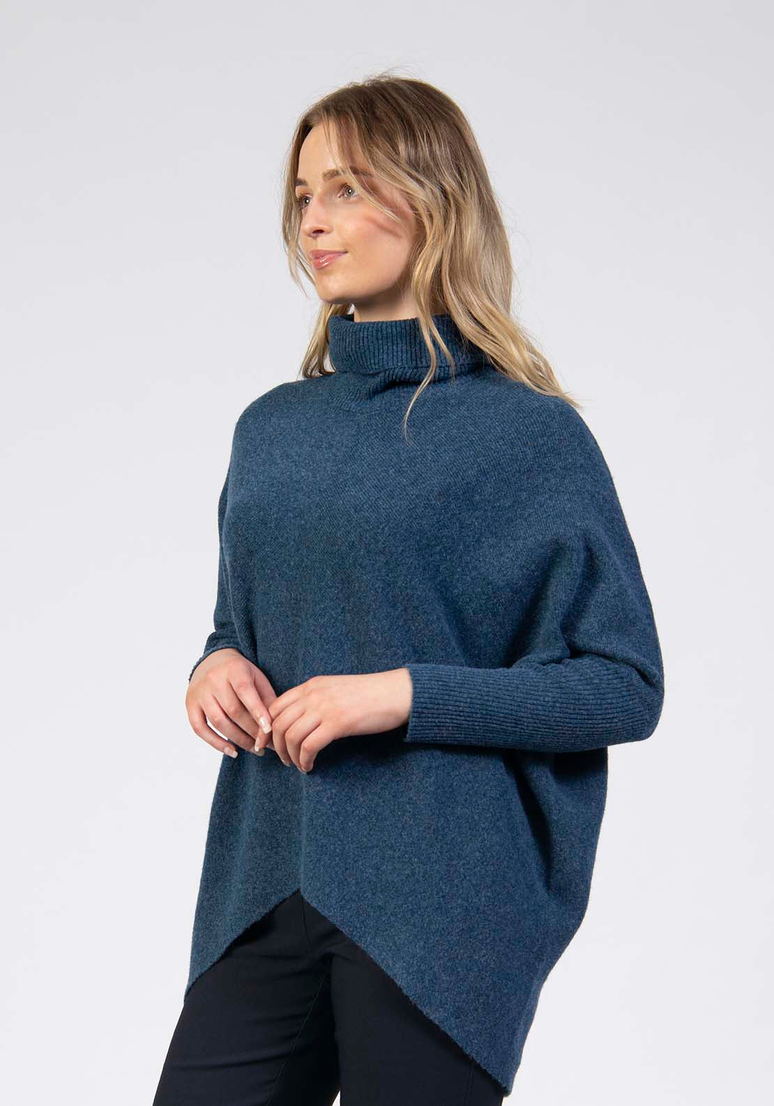 Tea Lane Roll Neck Sweater Asymmetrical Hem - Blue 3 Shaws Department Stores