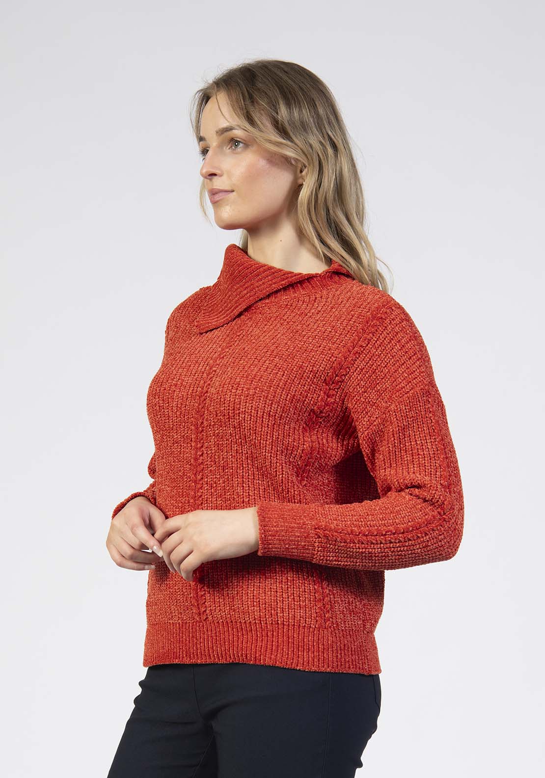 Tea Lane Chenille Asymmetrical Neck Jumper - Orange 3 Shaws Department Stores