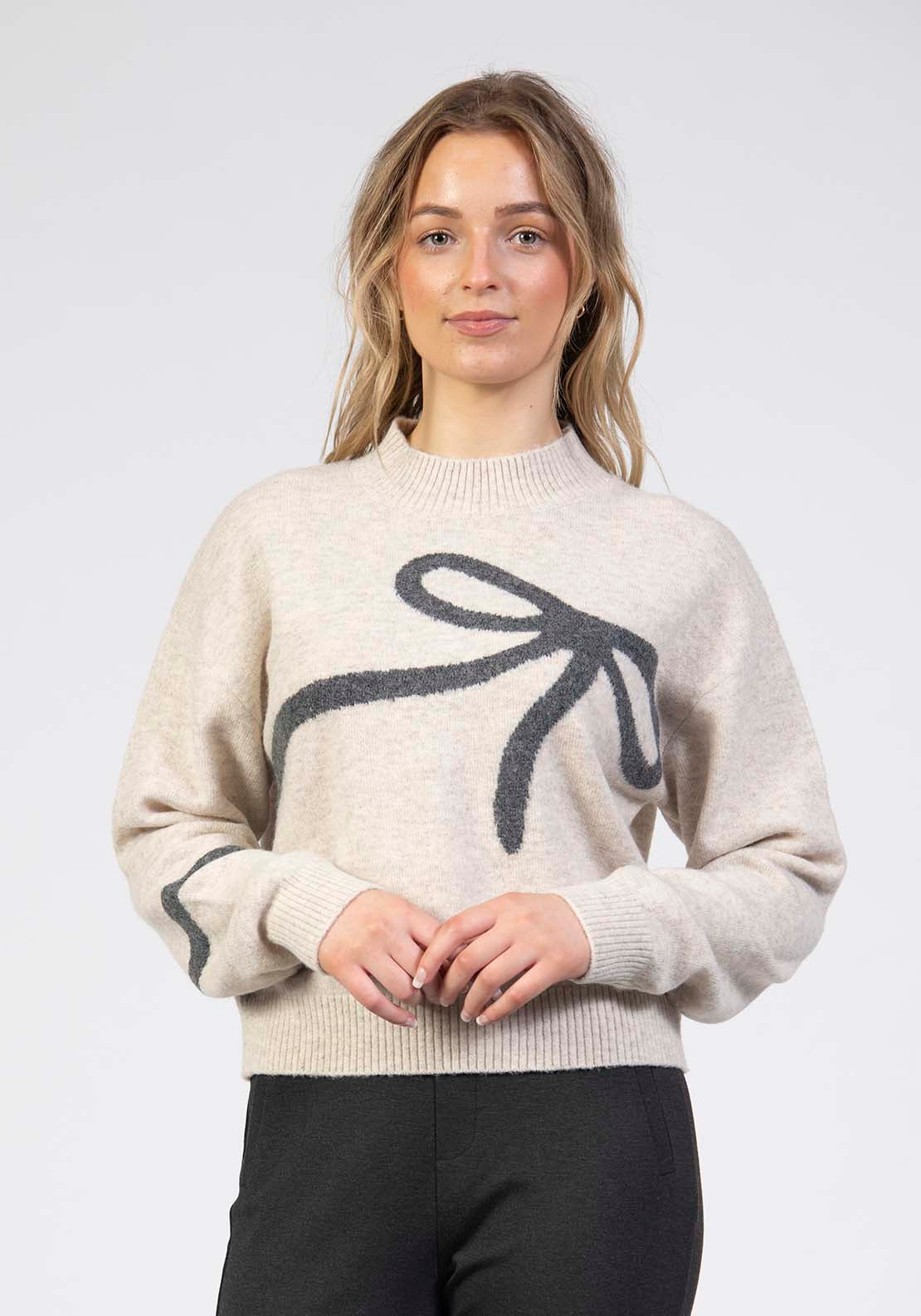 Tea Lane Long Sleeve Bow Crew Sweater - Grey 1 Shaws Department Stores