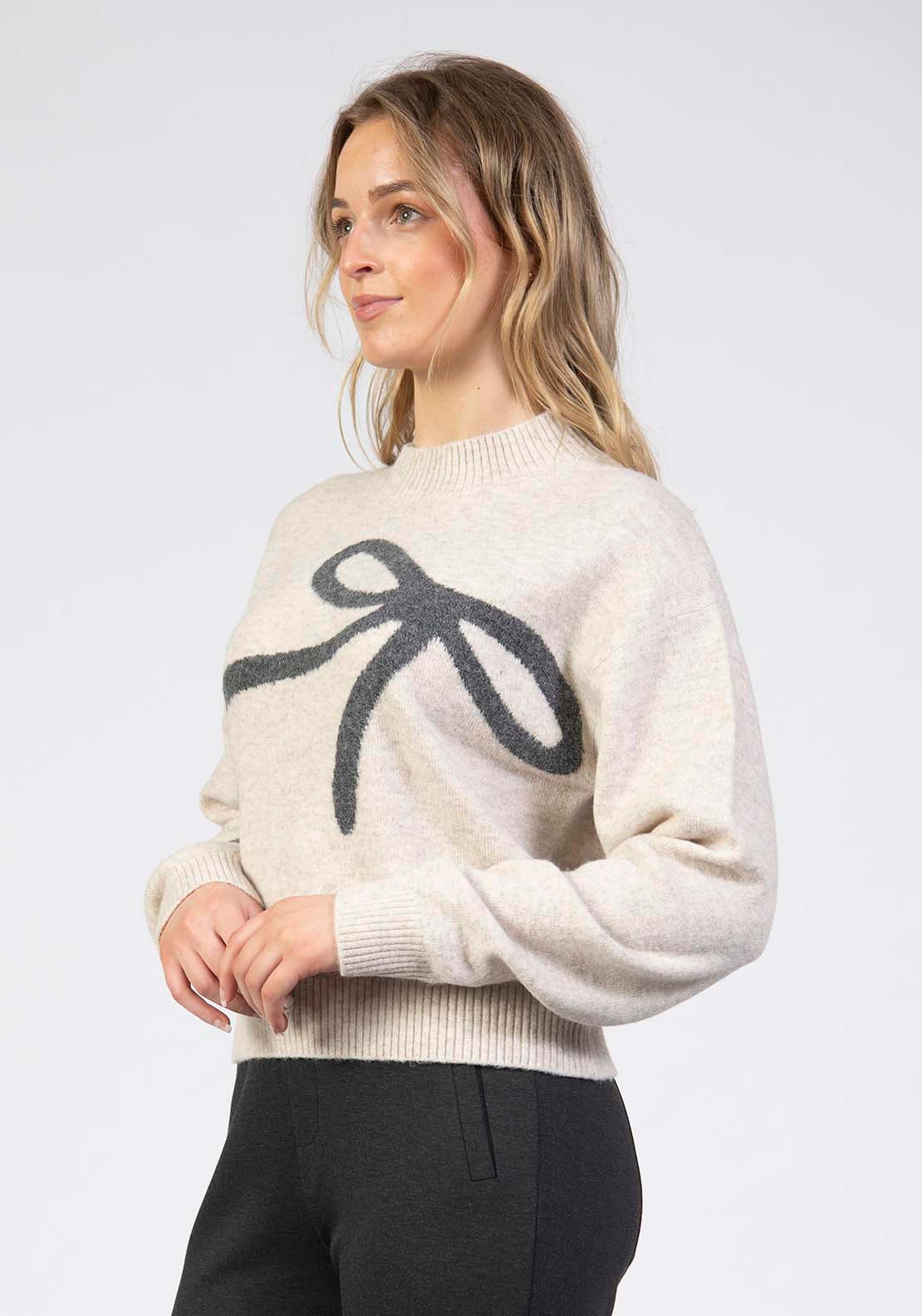 Tea Lane Long Sleeve Bow Crew Sweater - Grey 3 Shaws Department Stores