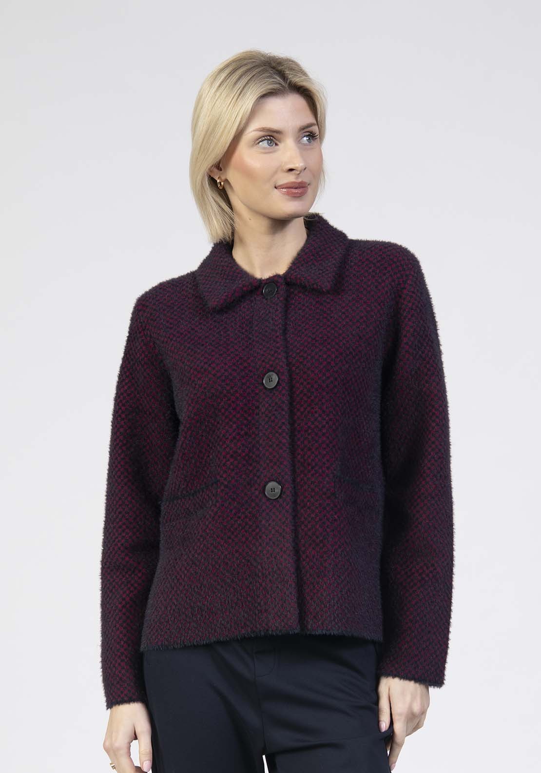 Tea Lane Button Up Collar Cardigan - Plum 1 Shaws Department Stores