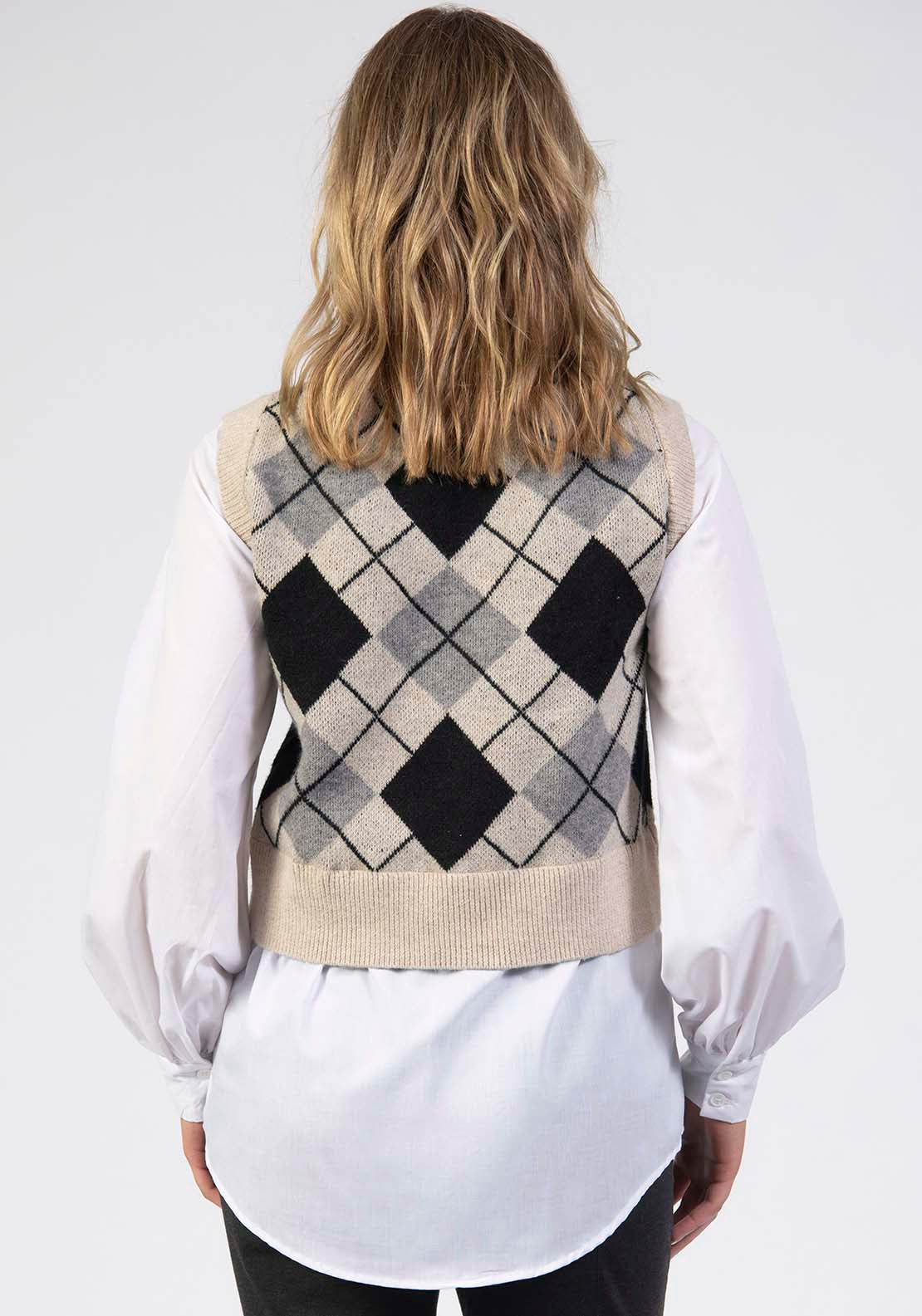 Tea Lane Cropped Argyle Sweater Vest - Beige 2 Shaws Department Stores