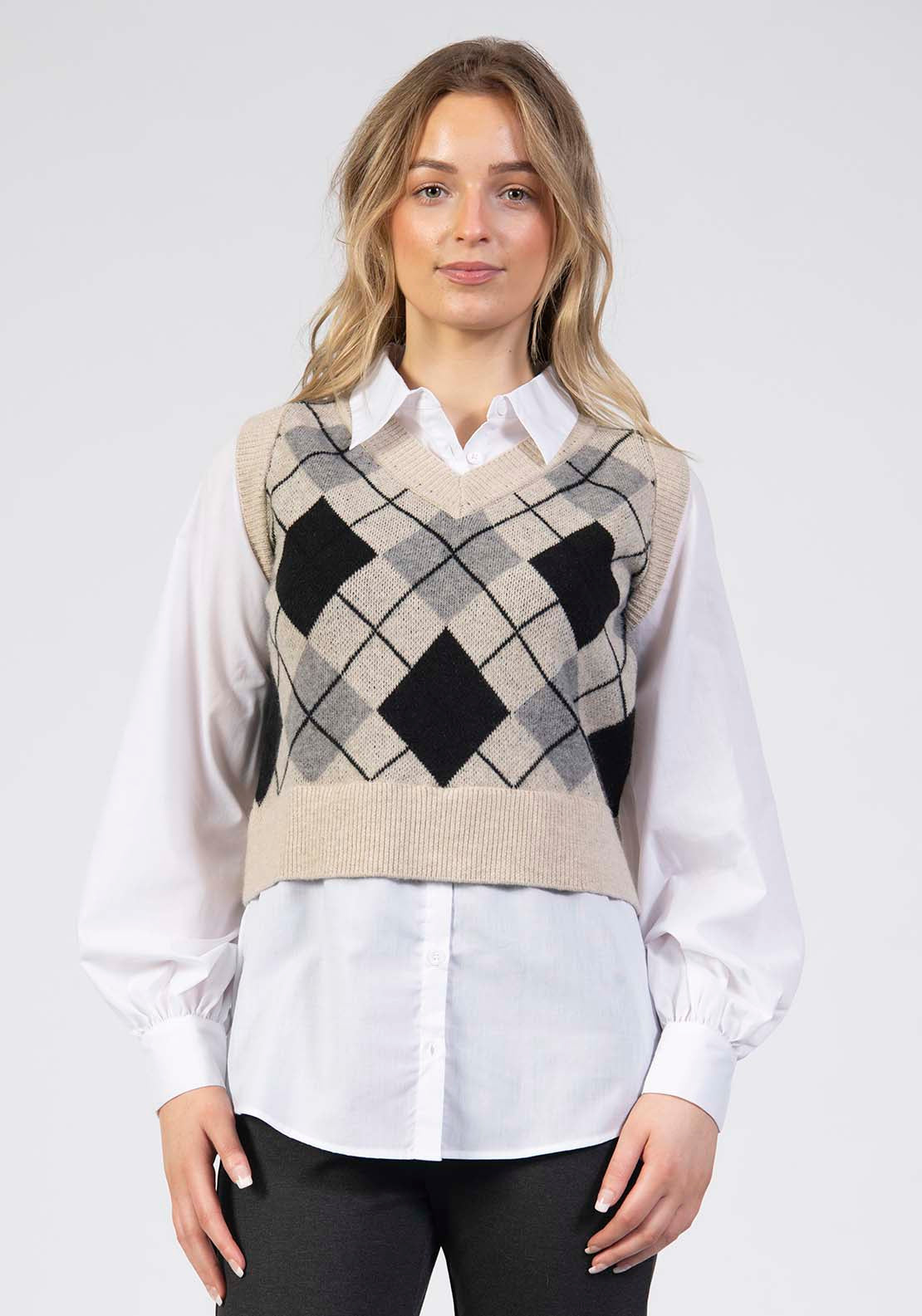 Tea Lane Cropped Argyle Sweater Vest - Beige 1 Shaws Department Stores