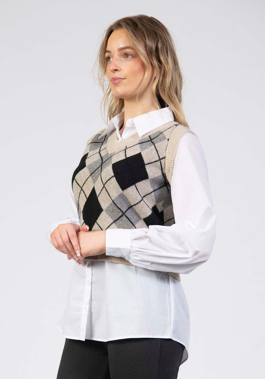 Tea Lane Cropped Argyle Sweater Vest - Beige 3 Shaws Department Stores
