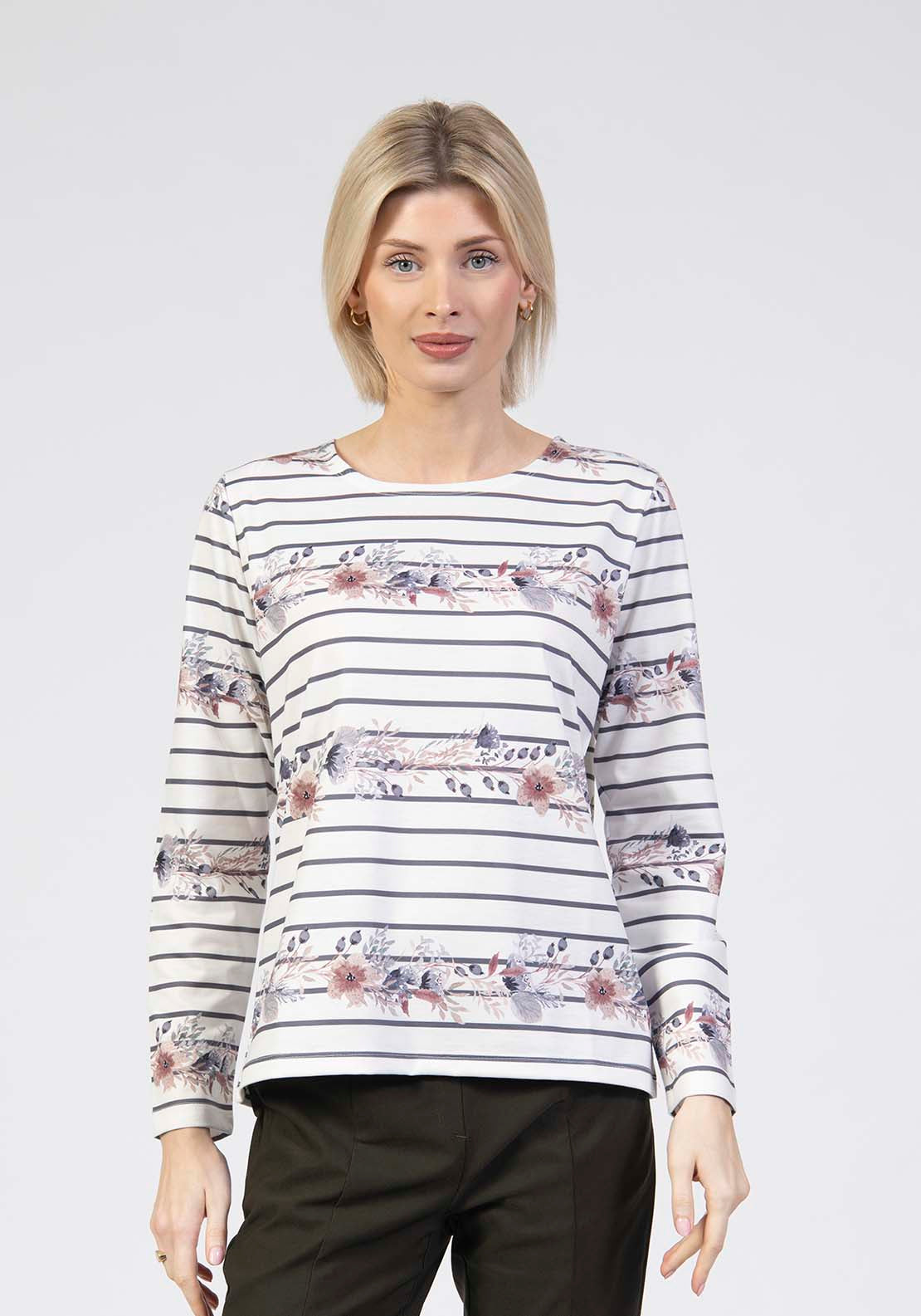 Tea Lane Floral Stripe Long Sleeve Top - Grey 1 Shaws Department Stores