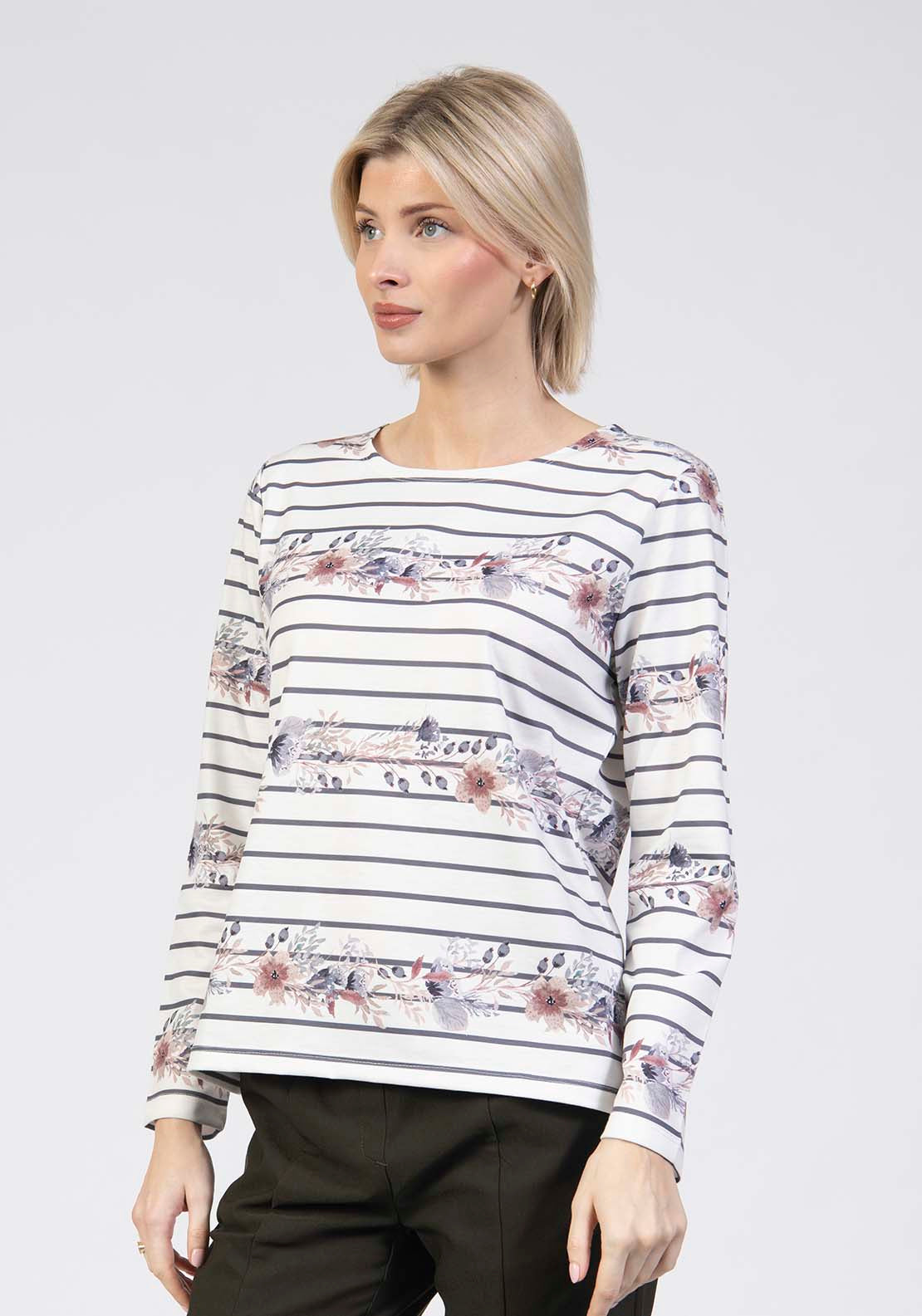 Tea Lane Floral Stripe Long Sleeve Top - Grey 3 Shaws Department Stores