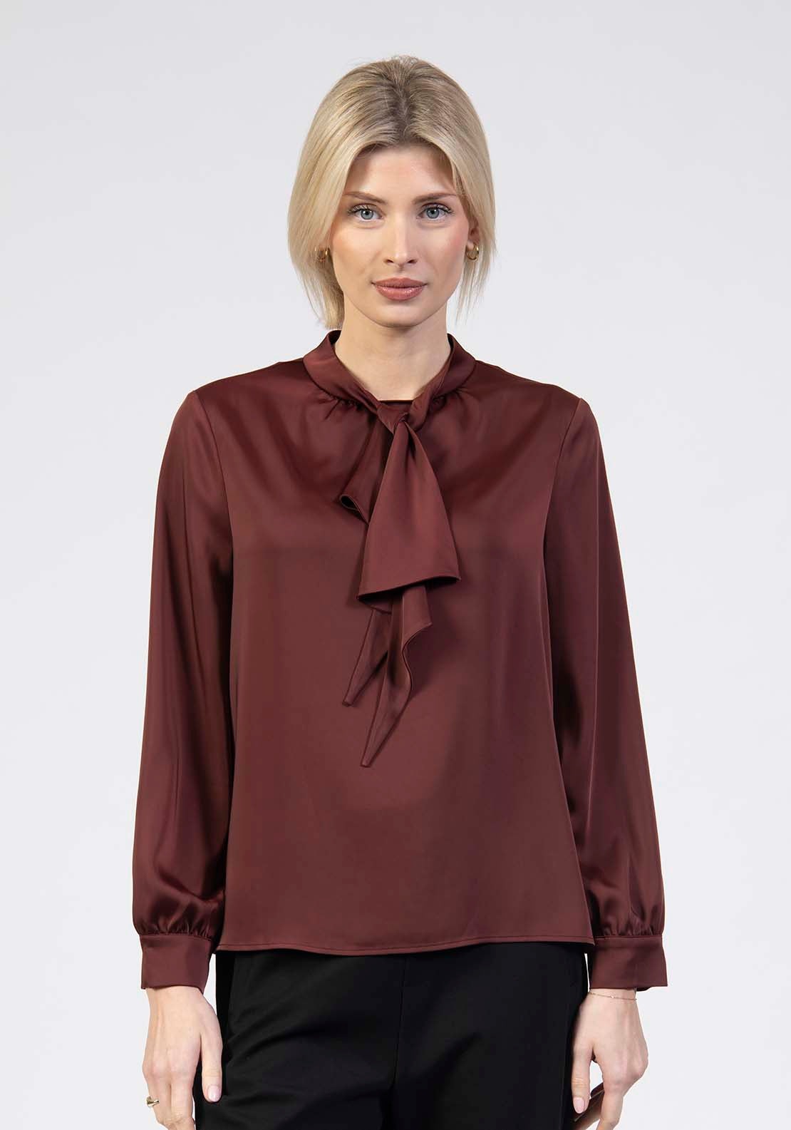 Tea Lane Pussy Bow Satin Blouse - Red 1 Shaws Department Stores